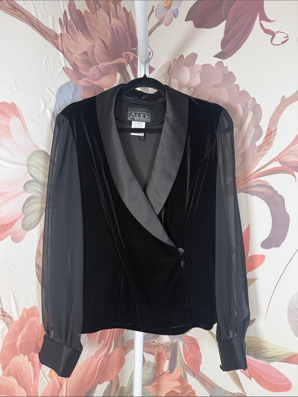 Alex Evenings Black Velvet & Chiffon Wrap Jacket - Size Medium